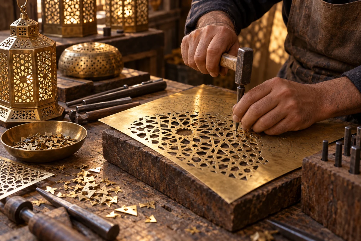 تصور بصري ليد حرفي تعمل على نقش لوح نحاسي